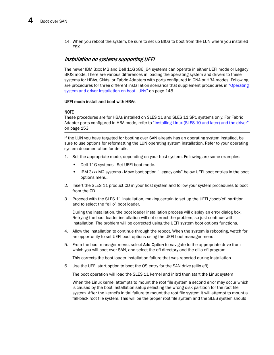 Installation on systems supporting uefi, Uefi mode install and, Boot with hbas | Dell Brocade Adapters User Manual | Page 188 / 272