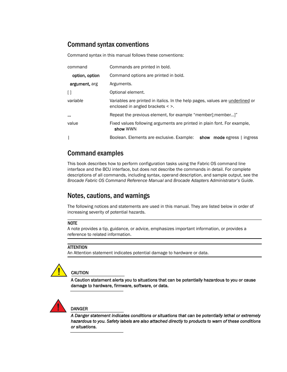 Command syntax conventions, Command examples, Notes, cautions, and warnings | Dell Brocade Adapters User Manual | Page 19 / 272