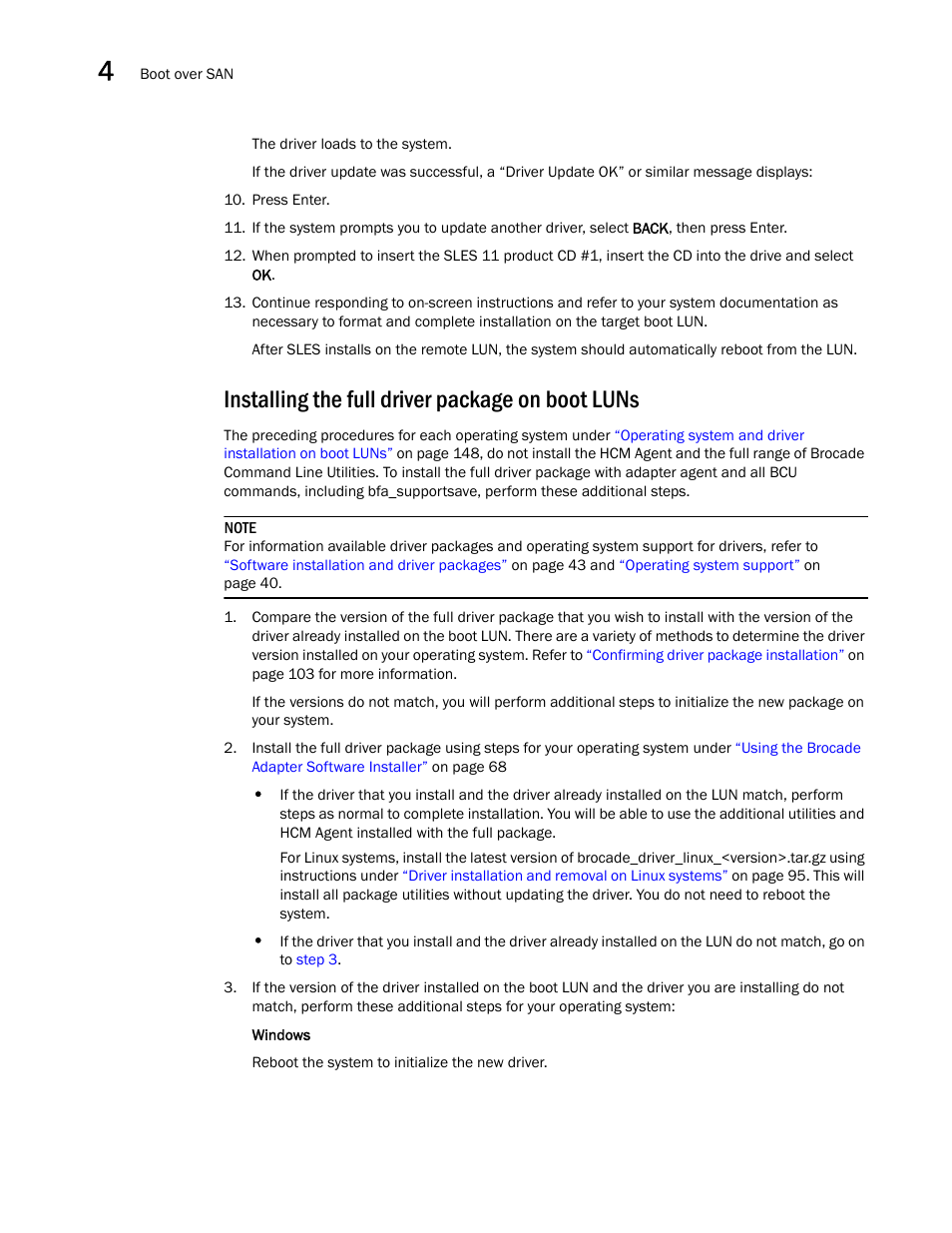 Installing the full driver package on boot luns, Installing the full, Driver package on boot luns | Installing, The full driver package on boot luns | Dell Brocade Adapters User Manual | Page 190 / 272