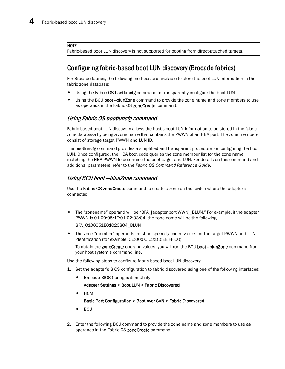 Using fabric os bootluncfg command, Using bcu boot --blunzone command | Dell Brocade Adapters User Manual | Page 192 / 272