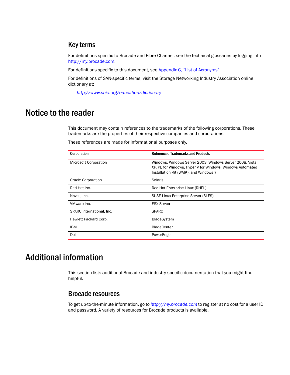 Key terms, Notice to the reader, Additional information | Brocade resources | Dell Brocade Adapters User Manual | Page 20 / 272