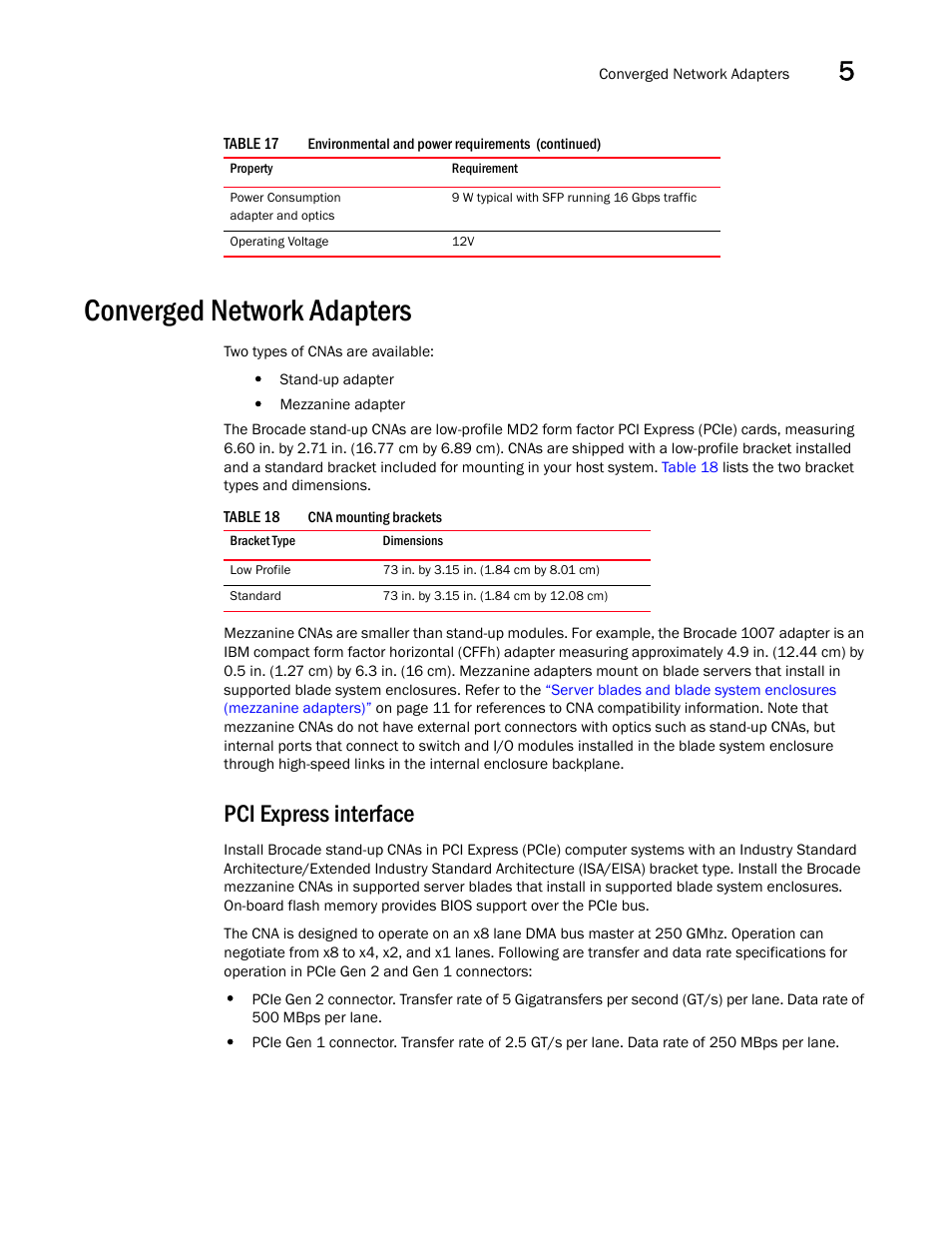 Converged network adapters, Pci express interface, Converged network adapters 179 | Table 18 | Dell Brocade Adapters User Manual | Page 207 / 272