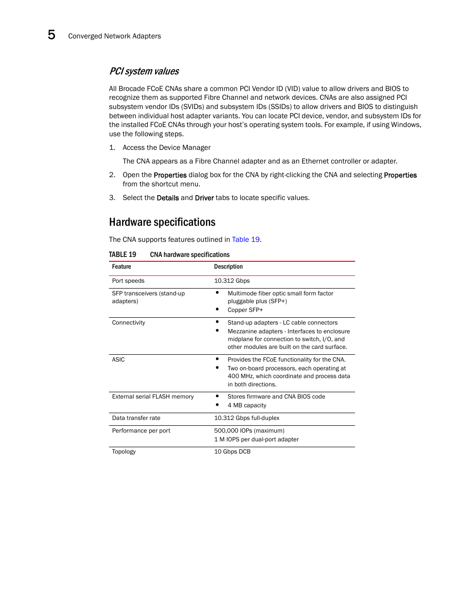 Hardware specifications, Pci system values | Dell Brocade Adapters User Manual | Page 208 / 272
