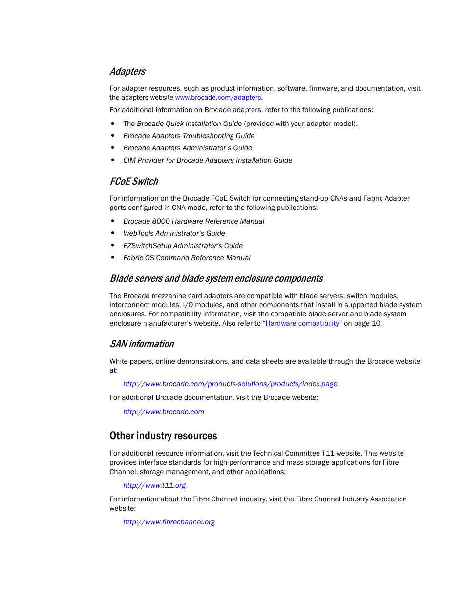 Other industry resources, Adapters, Fcoe switch | San information | Dell Brocade Adapters User Manual | Page 21 / 272