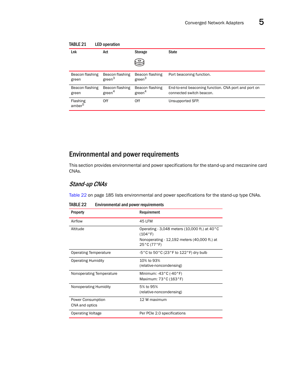 Environmental and power requirements, Stand-up cnas | Dell Brocade Adapters User Manual | Page 213 / 272