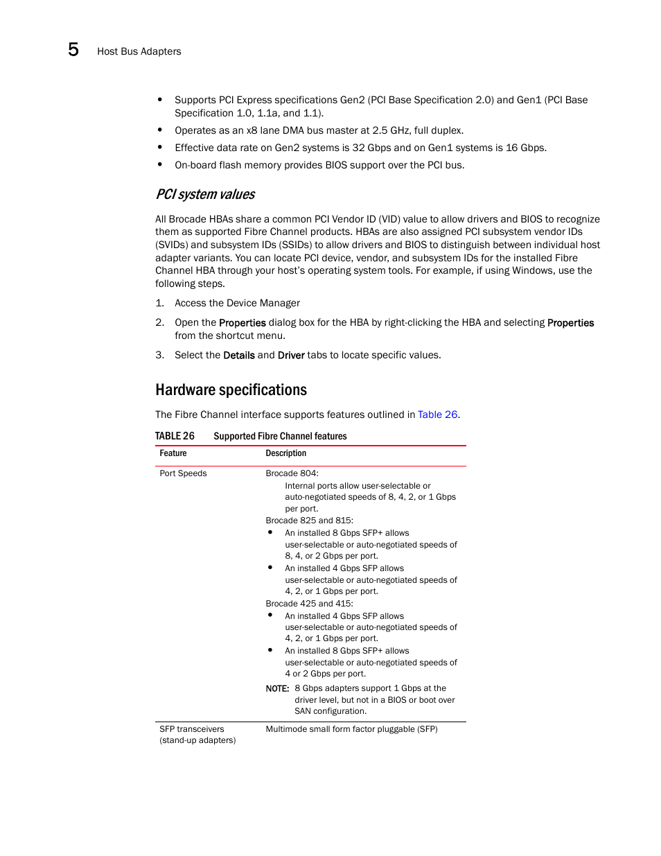 Hardware specifications, Pci system values | Dell Brocade Adapters User Manual | Page 216 / 272