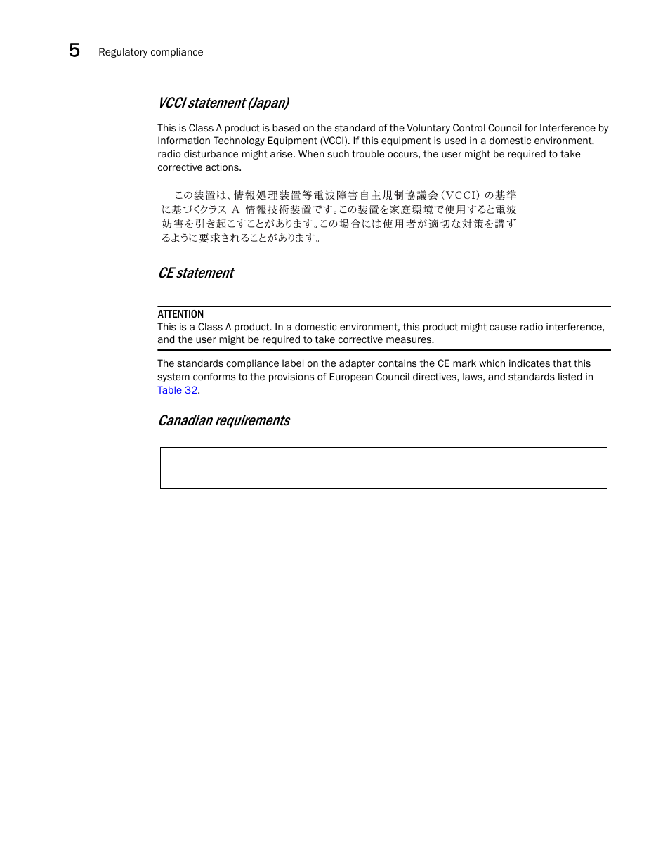 Vcci statement (japan), Ce statement, Canadian requirements | Dell Brocade Adapters User Manual | Page 228 / 272