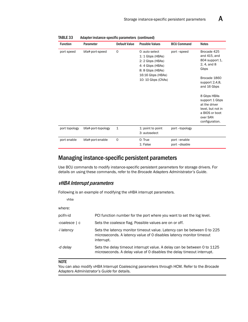 Managing instance-specific persistent parameters, Vhba interrupt parameters | Dell Brocade Adapters User Manual | Page 233 / 272