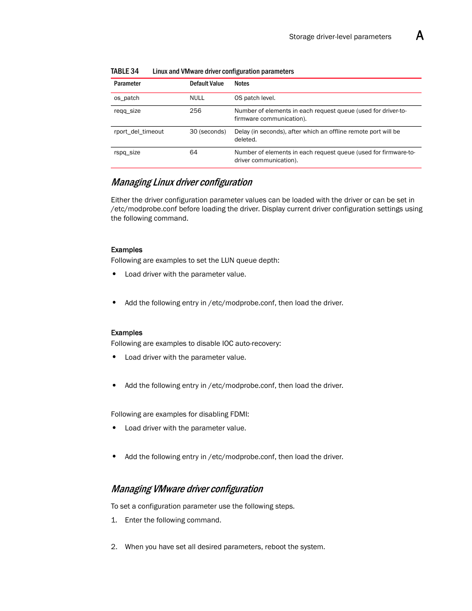 Managing linux driver configuration, Managing vmware driver configuration | Dell Brocade Adapters User Manual | Page 235 / 272