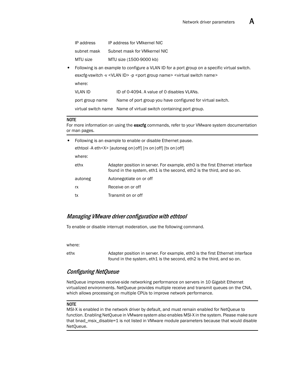 Managing vmware driver configuration with ethtool, Configuring netqueue | Dell Brocade Adapters User Manual | Page 249 / 272