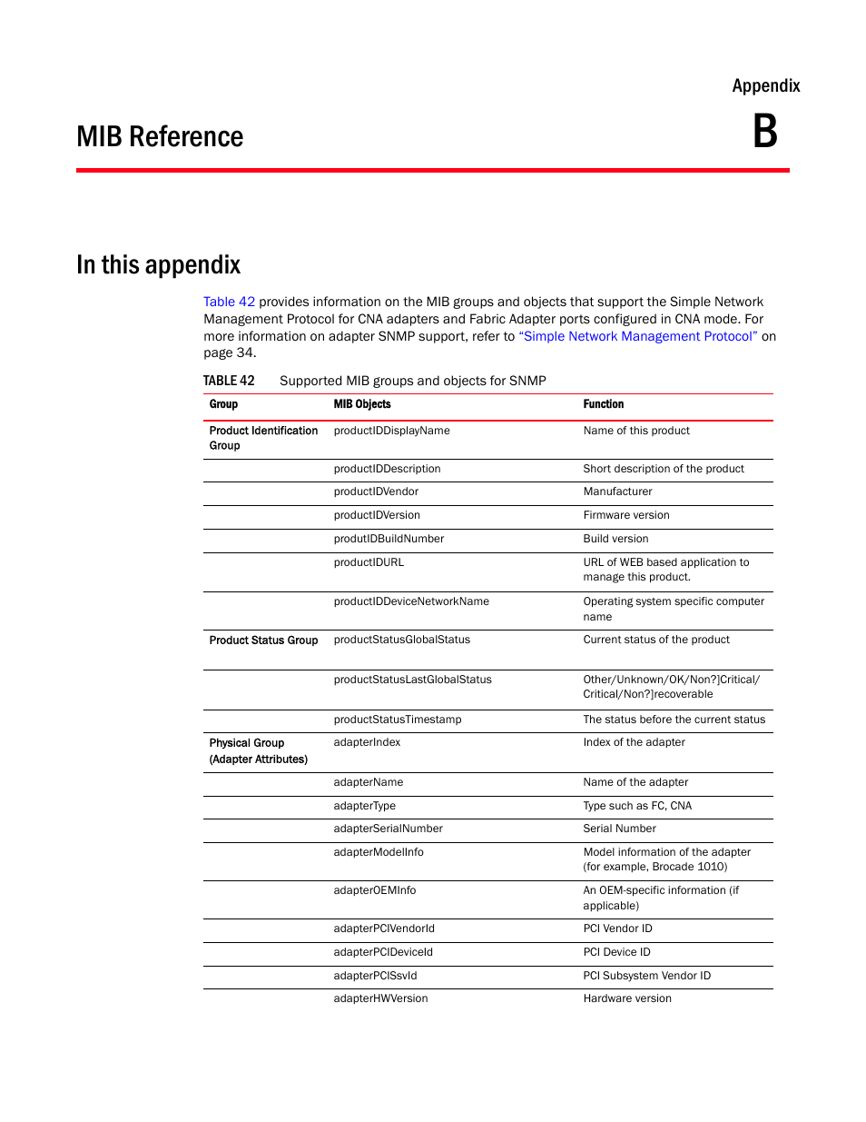 Mib reference, In this appendix, Appendix b | Appendix b, “mib, Reference, Appendix | Dell Brocade Adapters User Manual | Page 253 / 272