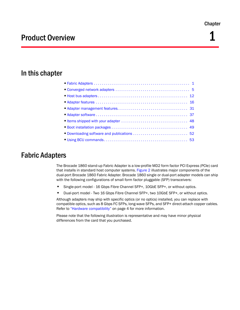 Product overview, In this chapter, Fabric adapters | Chapter 1 | Dell Brocade Adapters User Manual | Page 29 / 272