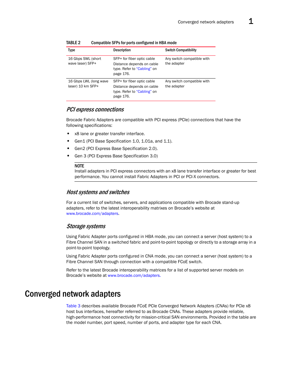 Converged network adapters, Pci express connections, Host systems and switches | Storage systems | Dell Brocade Adapters User Manual | Page 33 / 272