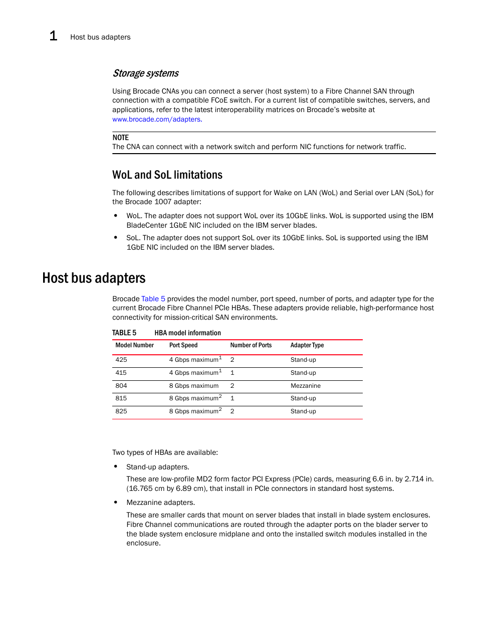 Wol and sol limitations, Host bus adapters, Storage systems | Dell Brocade Adapters User Manual | Page 40 / 272