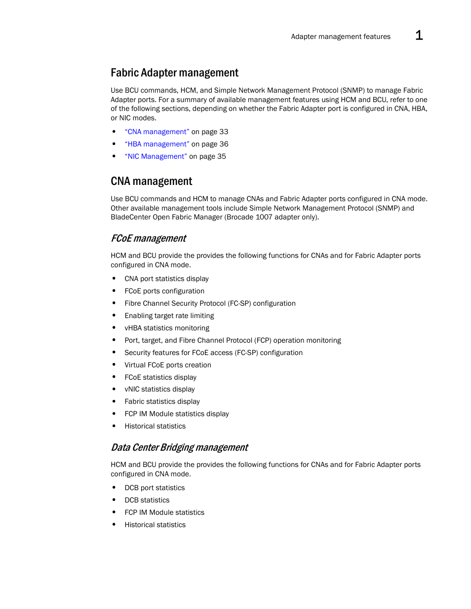 Fabric adapter management, Cna management, Fcoe management | Data center bridging management | Dell Brocade Adapters User Manual | Page 61 / 272