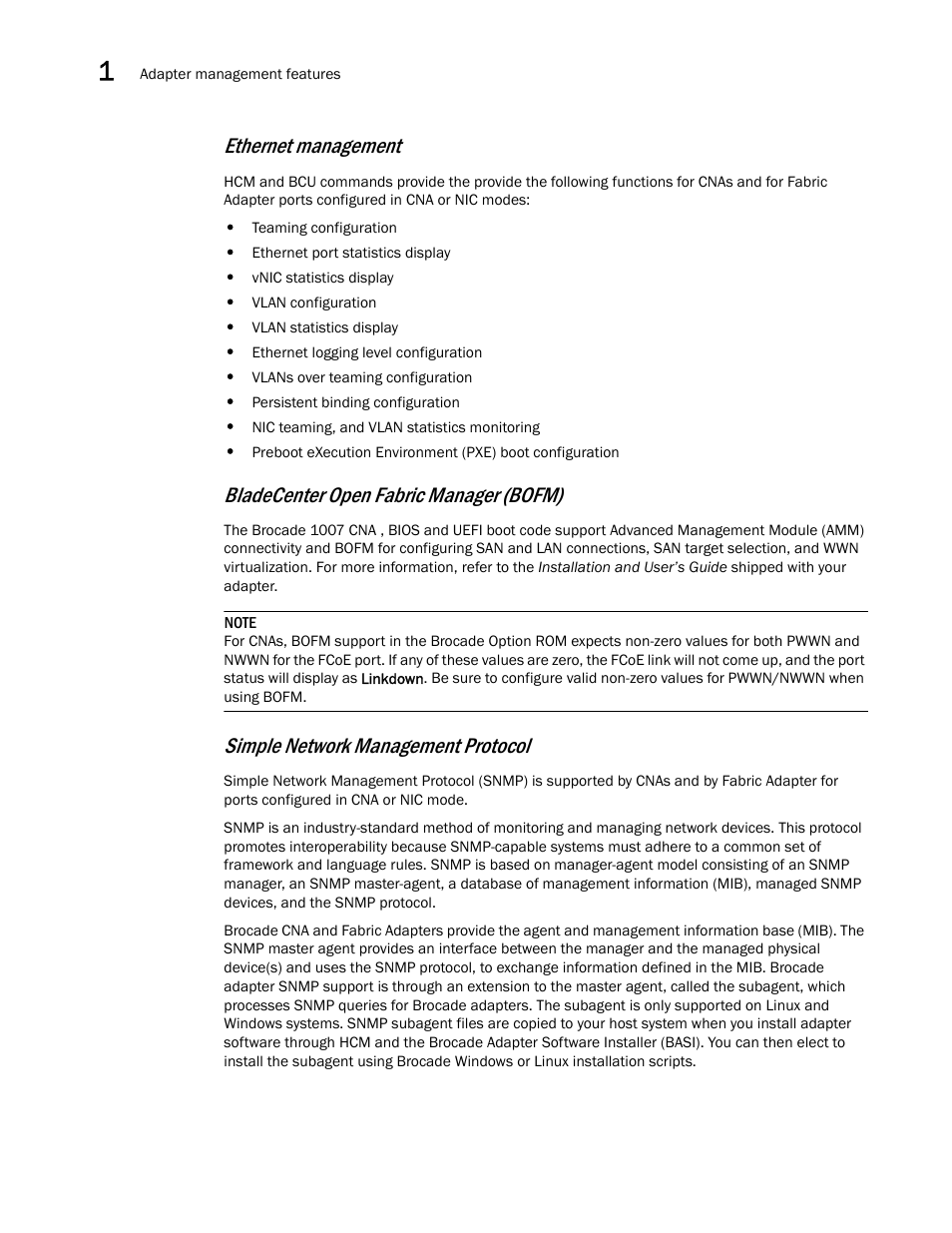 Simple network management protocol, Simple network, Management protocol | Bladecenter open fabric manager (bofm), Ethernet management | Dell Brocade Adapters User Manual | Page 62 / 272