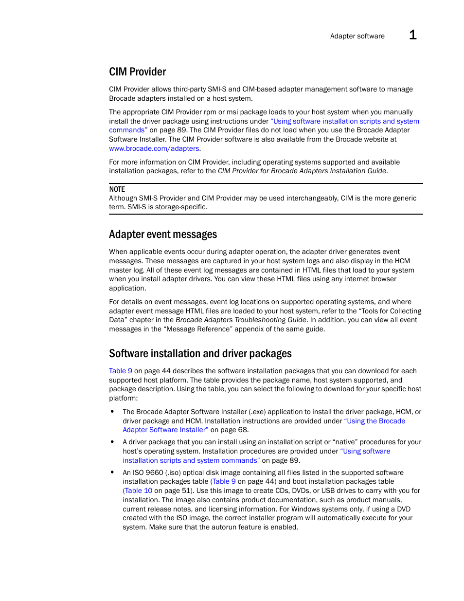 Cim provider, Adapter event messages, Software installation and driver packages | Dell Brocade Adapters User Manual | Page 71 / 272