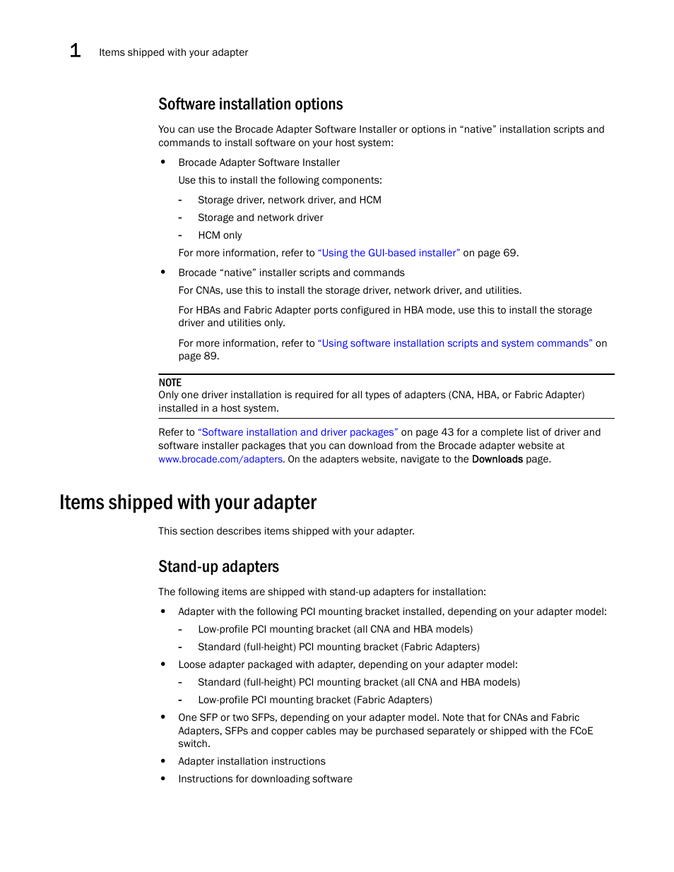 Software installation options, Items shipped with your adapter, Stand-up adapters | Dell Brocade Adapters User Manual | Page 76 / 272