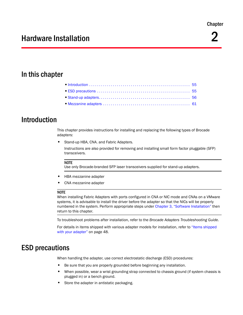 Hardware installation, In this chapter, Introduction | Esd precautions, Chapter 2 | Dell Brocade Adapters User Manual | Page 83 / 272