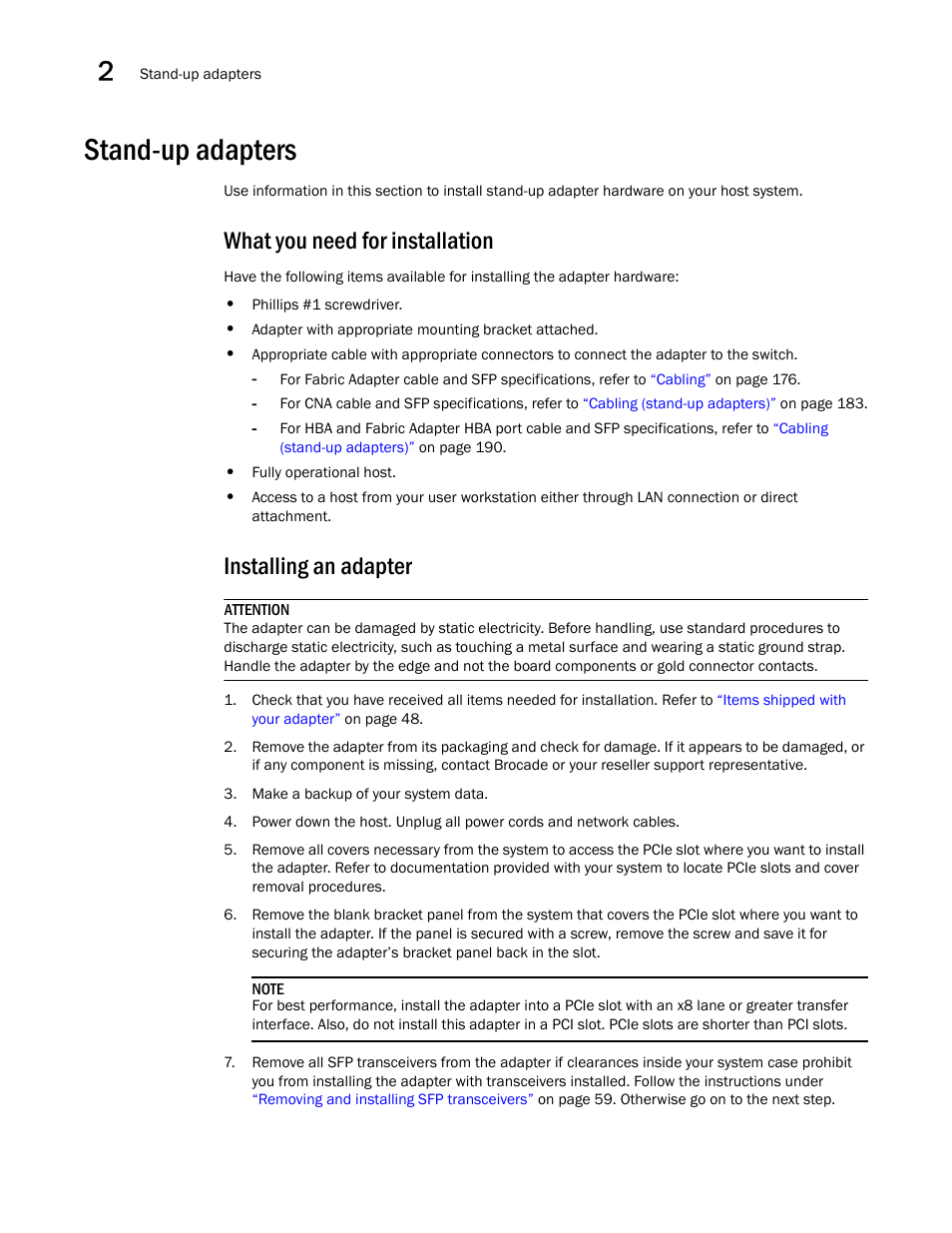 Stand-up adapters, What you need for installation, Installing an adapter | Dell Brocade Adapters User Manual | Page 84 / 272