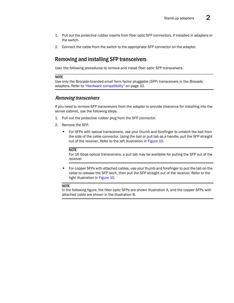 Removing and installing sfp transceivers, Removing and installing sfp, Transceivers | Removing transceivers | Dell Brocade Adapters User Manual | Page 87 / 272