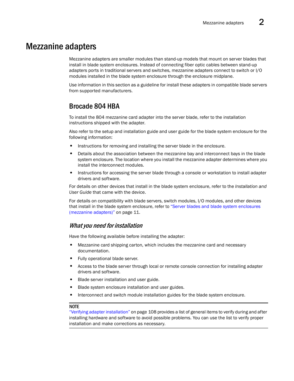 Mezzanine adapters, Brocade 804 hba, What you need for installation | Dell Brocade Adapters User Manual | Page 89 / 272