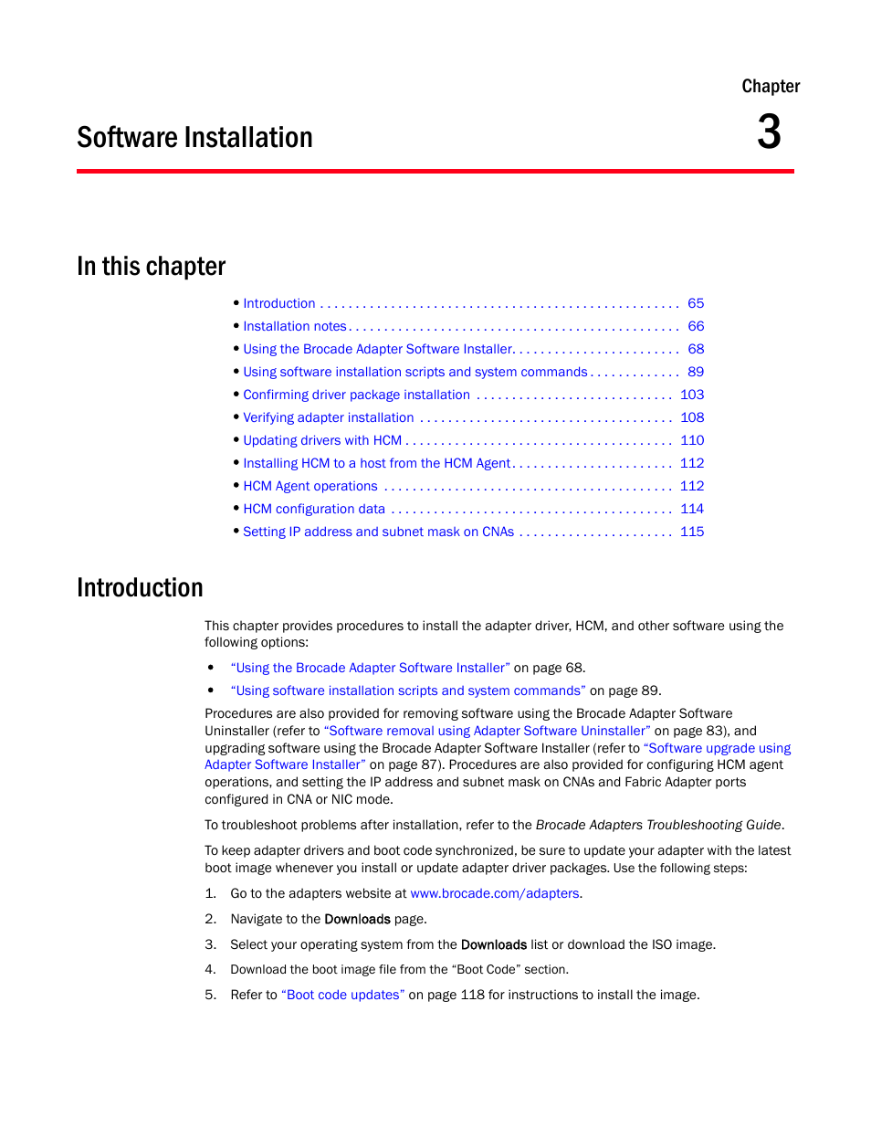 Software installation, In this chapter, Introduction | Chapter 3, Chapter 3, “software installation, Chapter | Dell Brocade Adapters User Manual | Page 93 / 272