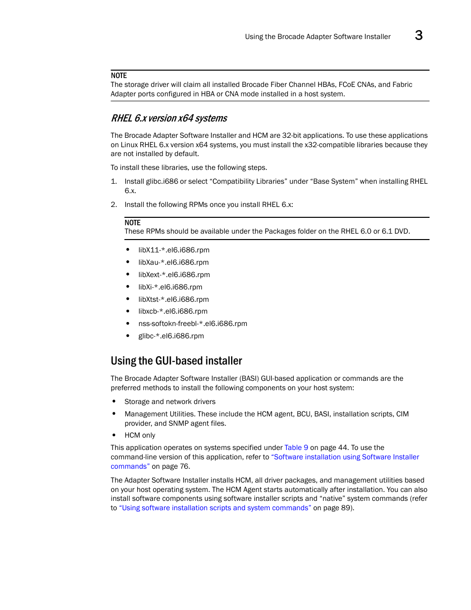 Using the gui-based installer, Rhel 6.x version x64, Systems | Rhel 6.x version x64 systems | Dell Brocade Adapters User Manual | Page 97 / 272