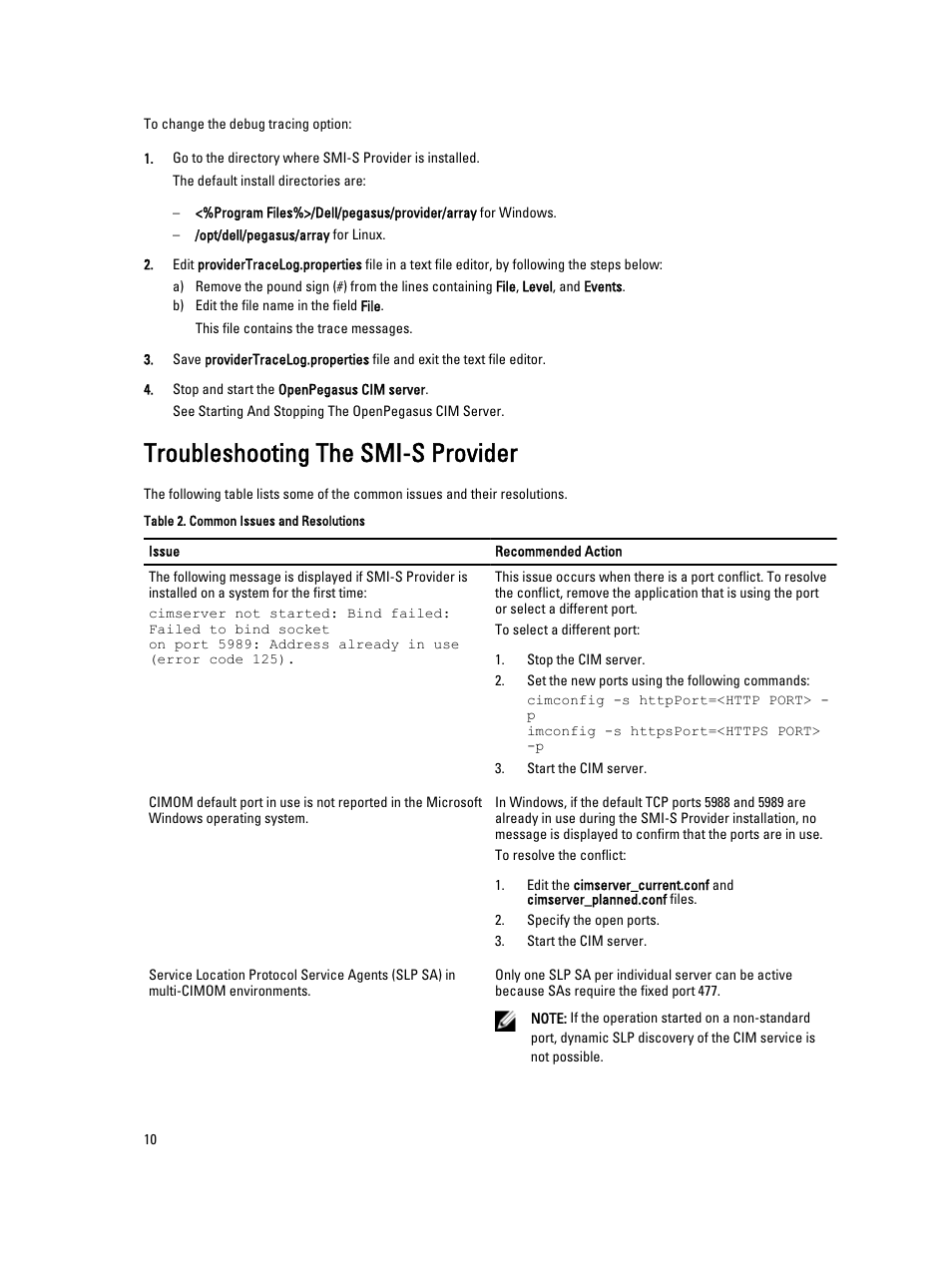 Troubleshooting the smi-s provider | Dell PowerVault MD3460 User Manual | Page 10 / 11