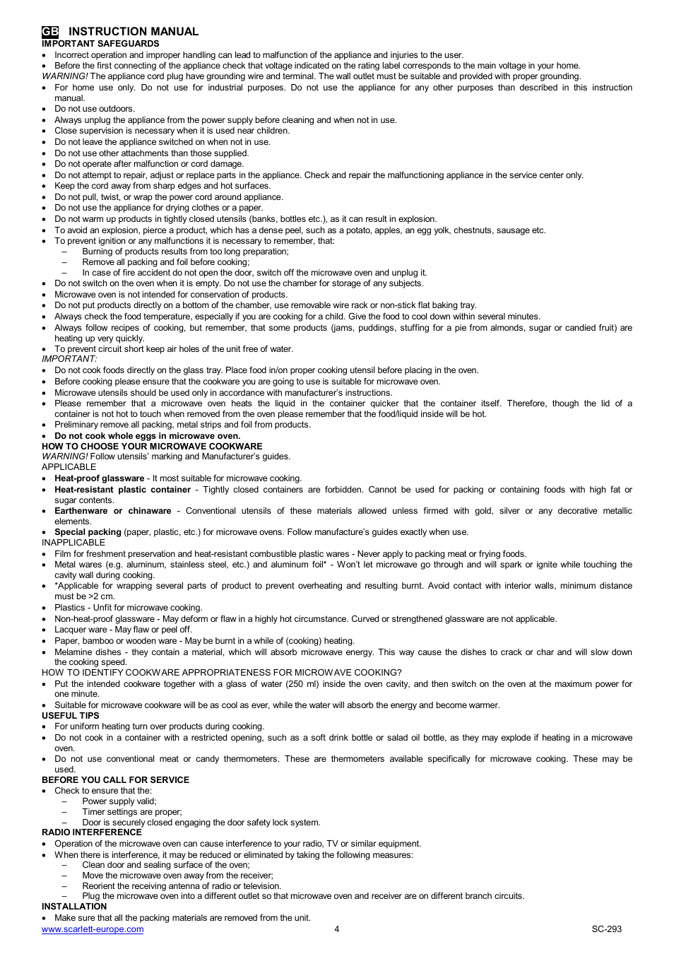 Gb instruction manual | Scarlett SC-293 User Manual | Page 4 / 43