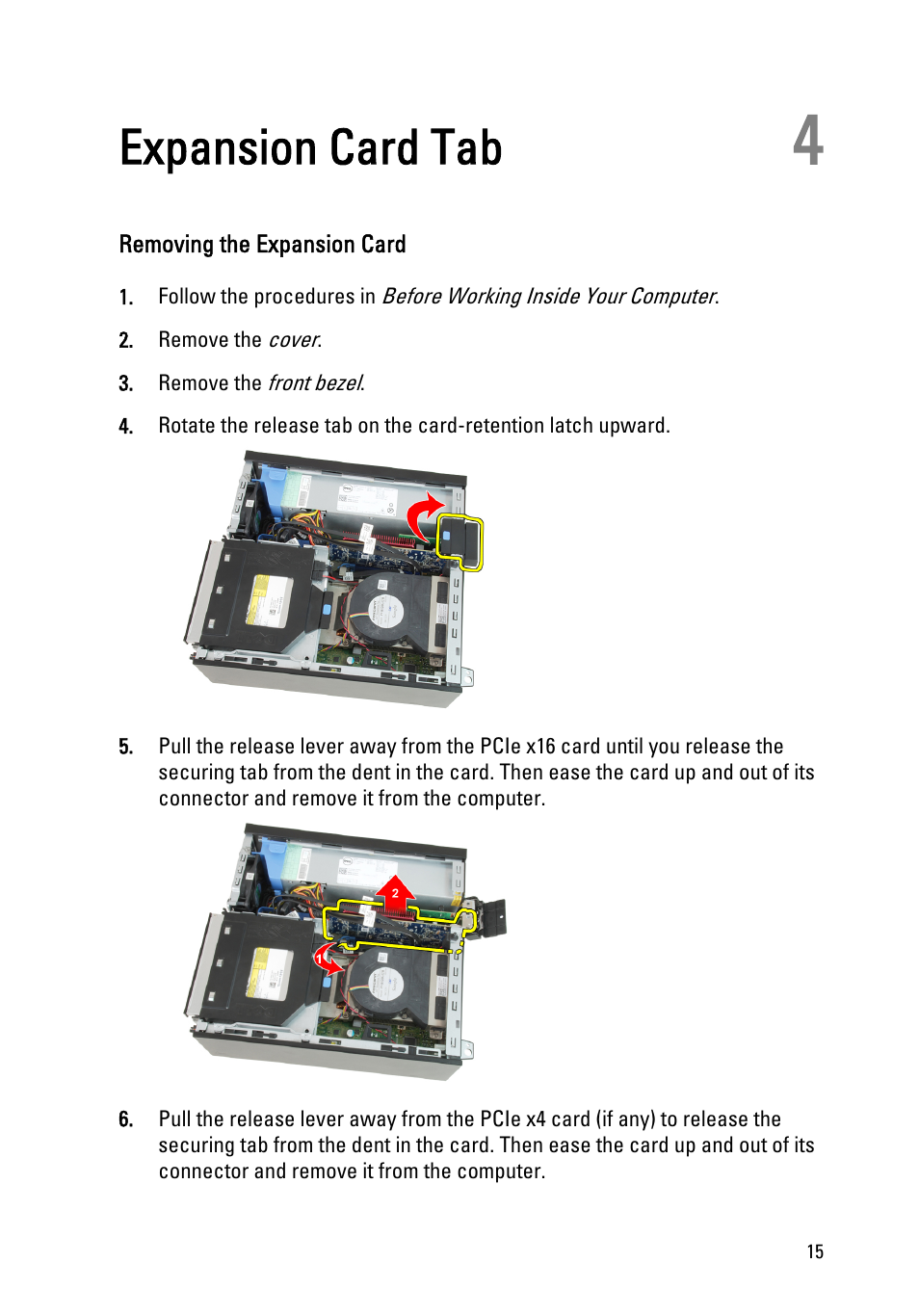 Expansion card tab, Removing the expansion card, 4 expansion card tab | Dell OptiPlex 390 (Mid 2011) User Manual | Page 15 / 90