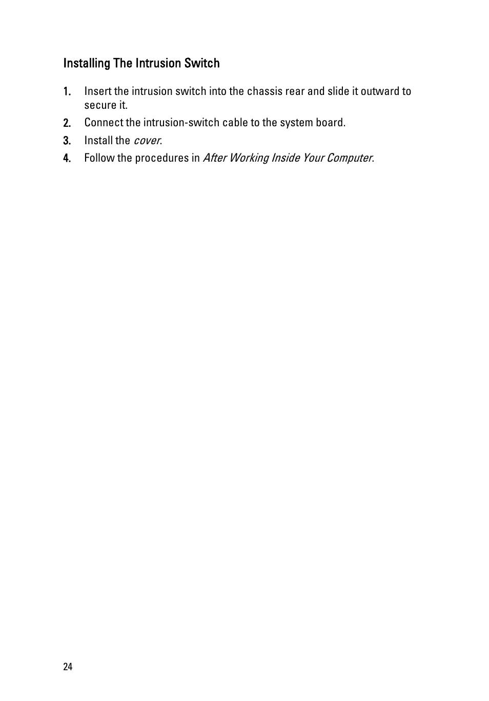 Installing the intrusion switch | Dell OptiPlex 390 (Mid 2011) User Manual | Page 24 / 90