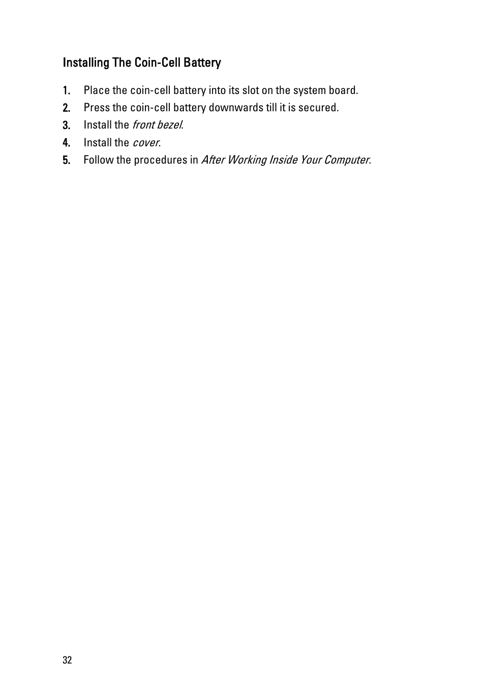 Installing the coin-cell battery | Dell OptiPlex 390 (Mid 2011) User Manual | Page 32 / 90