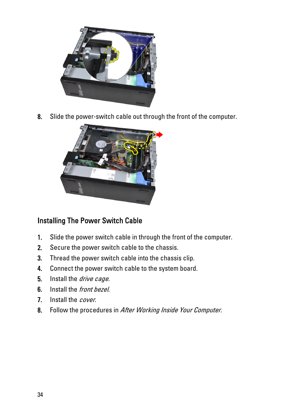 Installing the power switch cable | Dell OptiPlex 390 (Mid 2011) User Manual | Page 34 / 90
