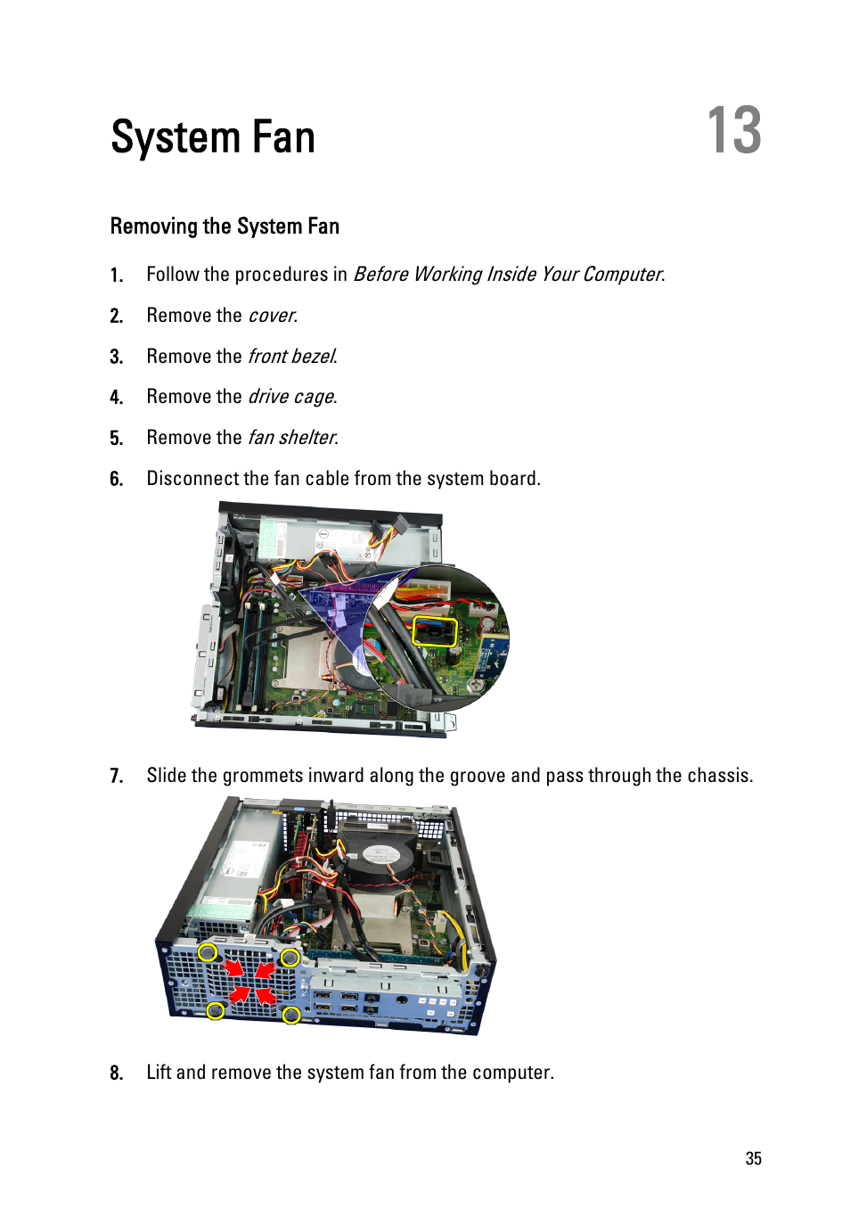 System fan, Removing the system fan, 13 system fan | Dell OptiPlex 390 (Mid 2011) User Manual | Page 35 / 90