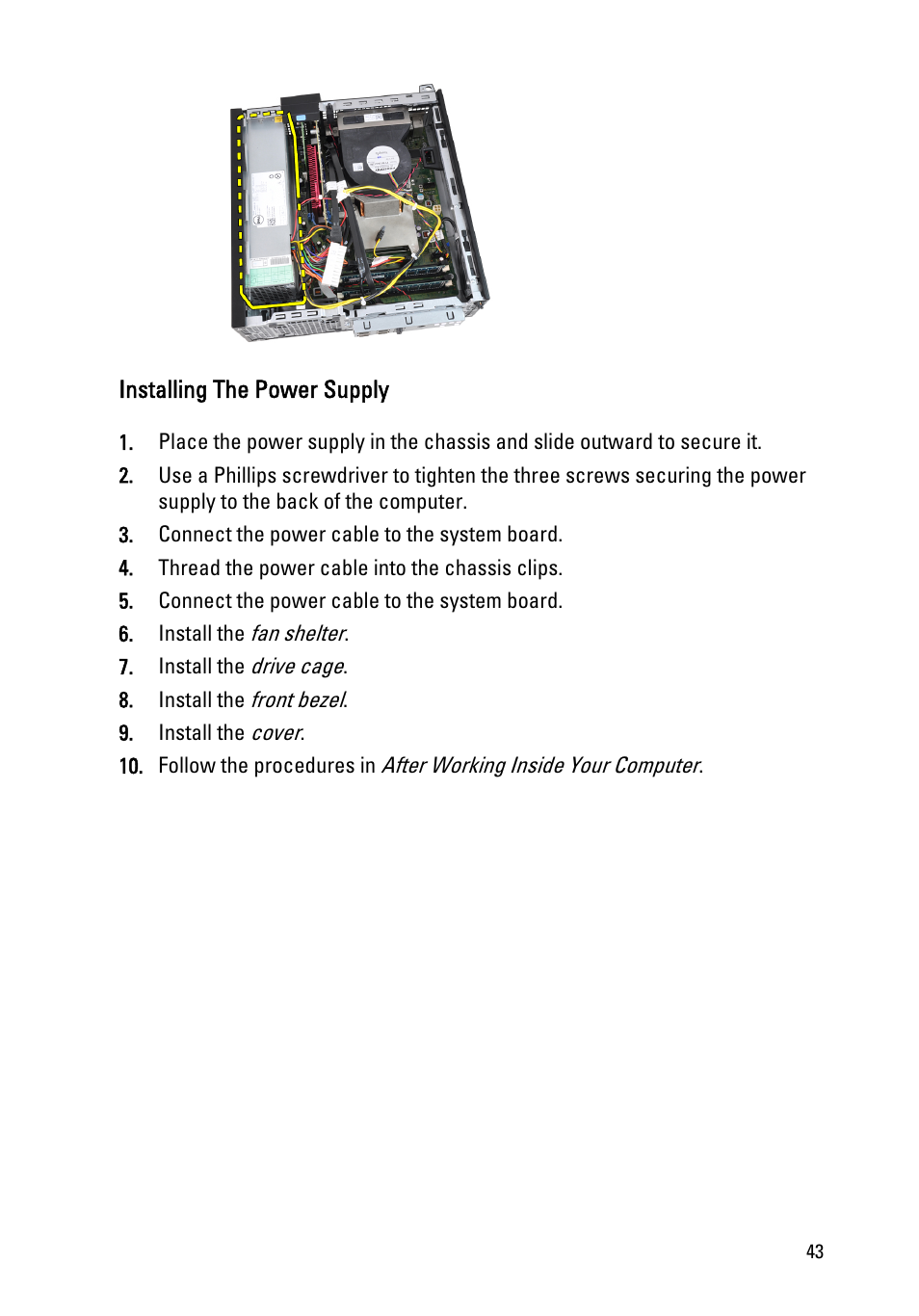 Installing the power supply | Dell OptiPlex 390 (Mid 2011) User Manual | Page 43 / 90