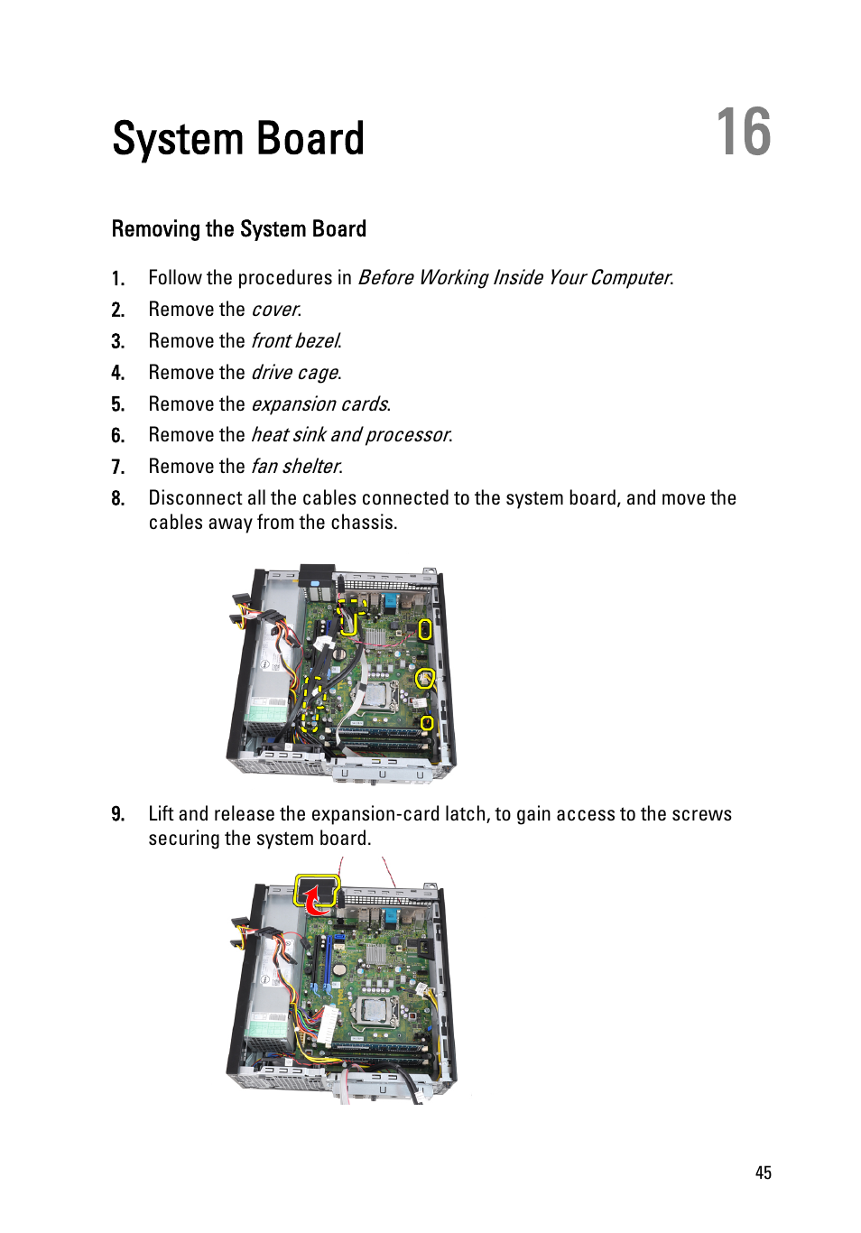 System board, Removing the system board, 16 system board | Dell OptiPlex 390 (Mid 2011) User Manual | Page 45 / 90
