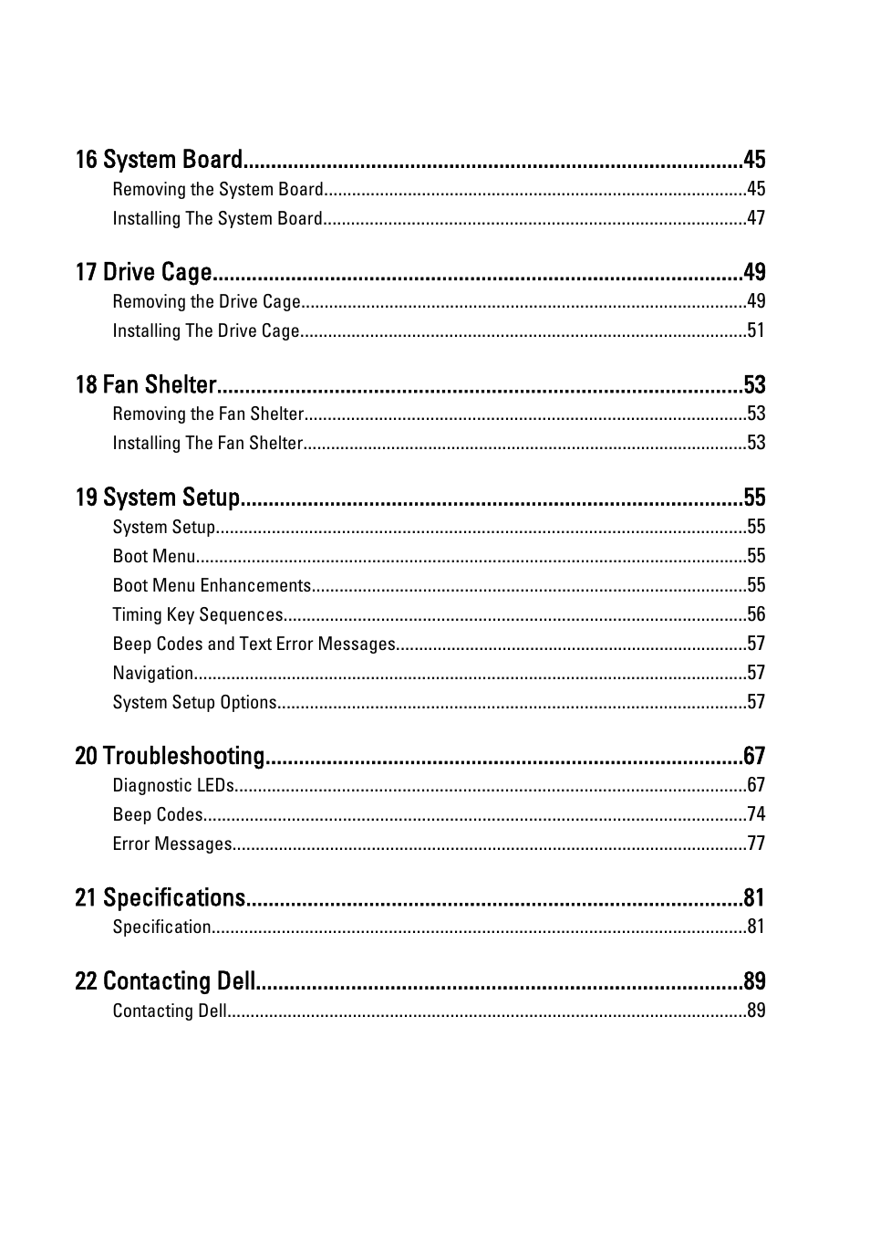 16 system board, 17 drive cage, 18 fan shelter | 19 system setup, 20 troubleshooting, 21 specifications, 22 contacting dell | Dell OptiPlex 390 (Mid 2011) User Manual | Page 5 / 90