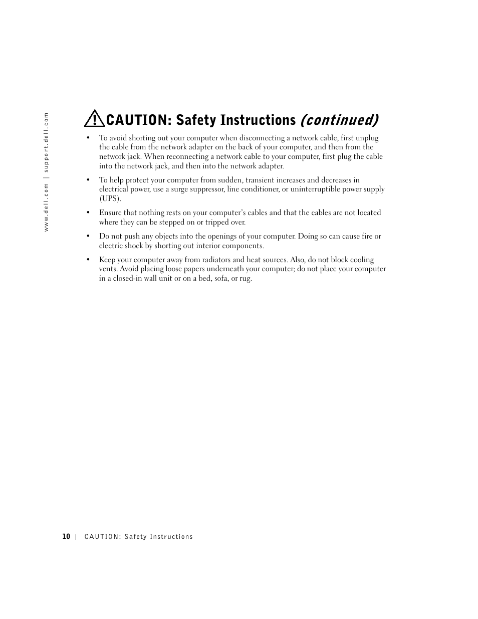Continued), Caution: safety instructions | Dell Dimension 4550 User Manual | Page 10 / 152