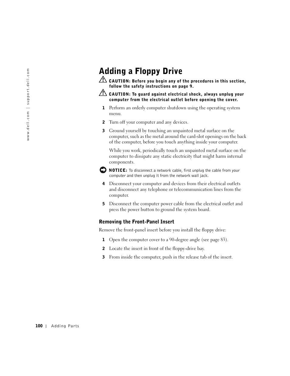 Adding a floppy drive | Dell Dimension 4550 User Manual | Page 100 / 152