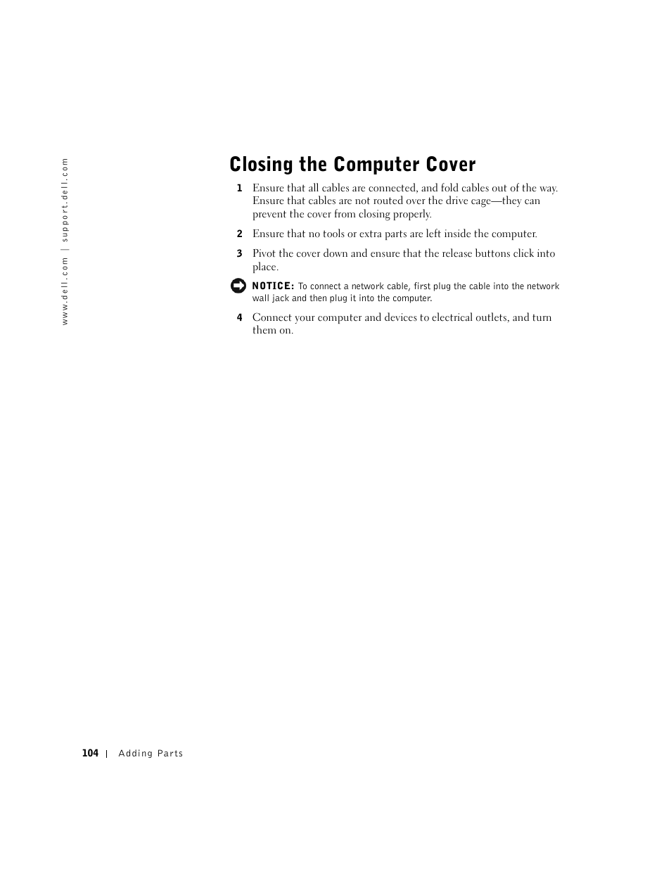 Closing the computer cover | Dell Dimension 4550 User Manual | Page 104 / 152