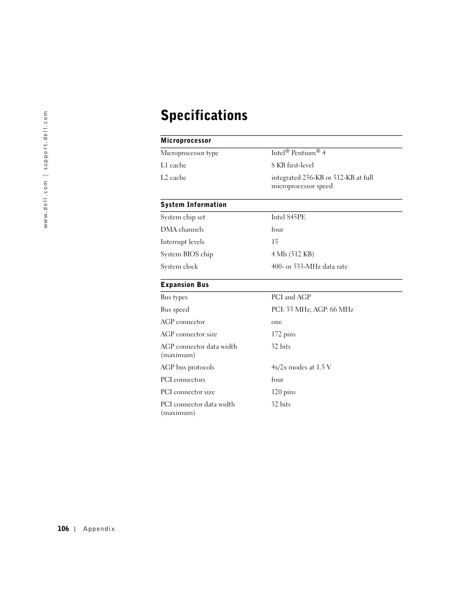 Specifications | Dell Dimension 4550 User Manual | Page 106 / 152