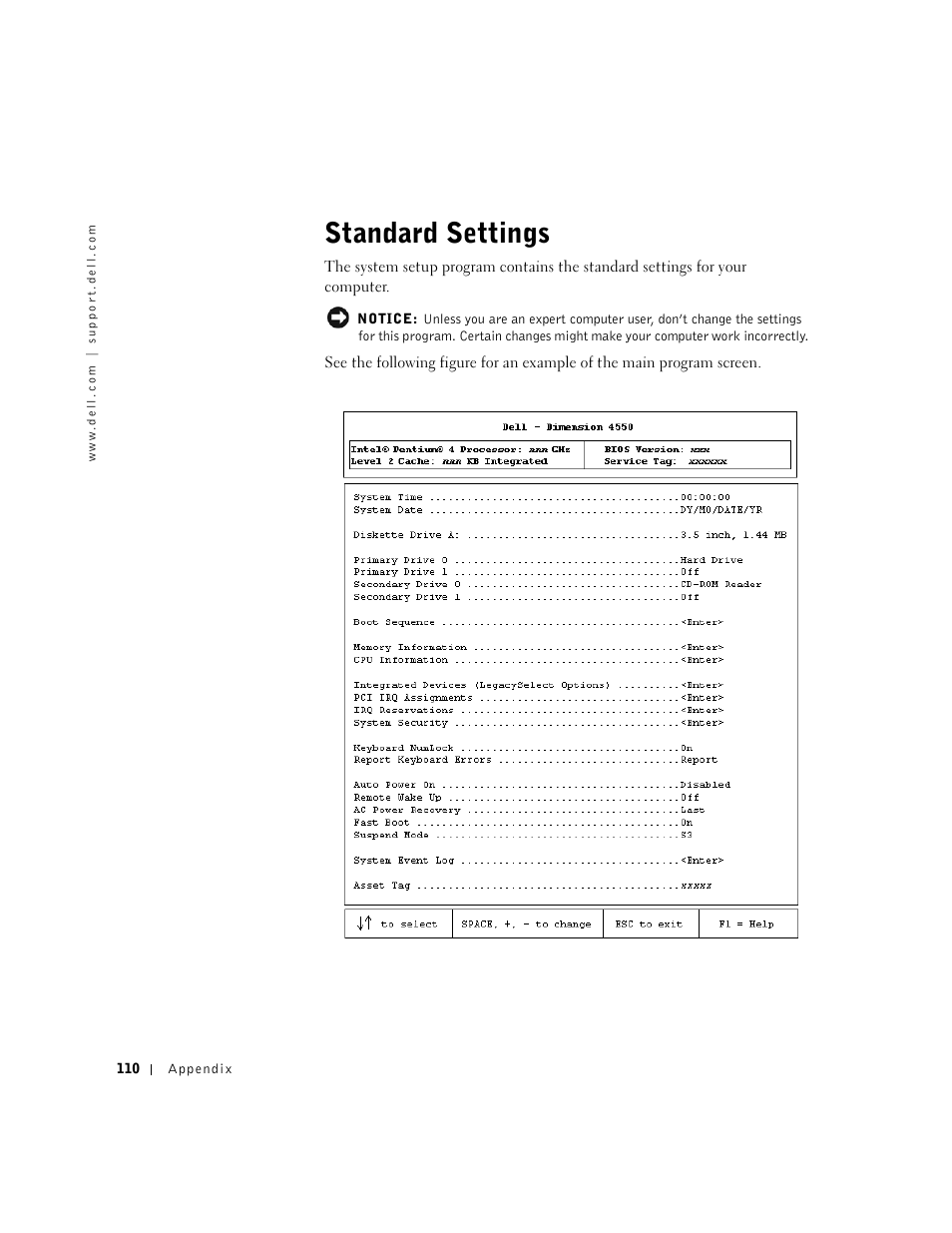 Standard settings | Dell Dimension 4550 User Manual | Page 110 / 152