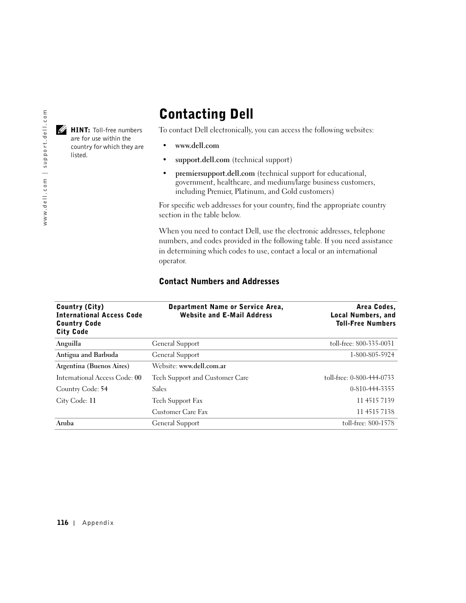 Contacting dell | Dell Dimension 4550 User Manual | Page 116 / 152