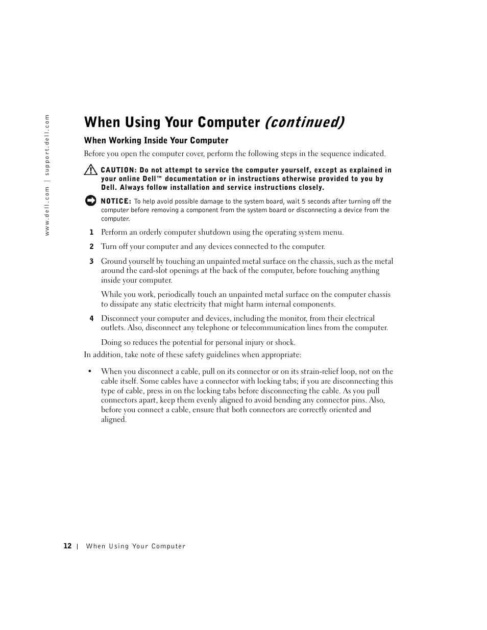 Continued), When using your computer | Dell Dimension 4550 User Manual | Page 12 / 152