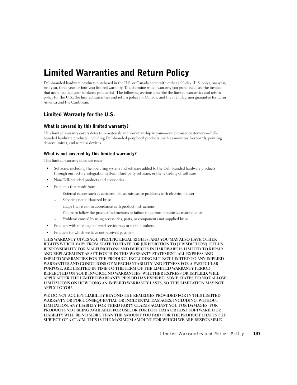 Limited warranties and return policy, Limited warranty for the u.s | Dell Dimension 4550 User Manual | Page 137 / 152