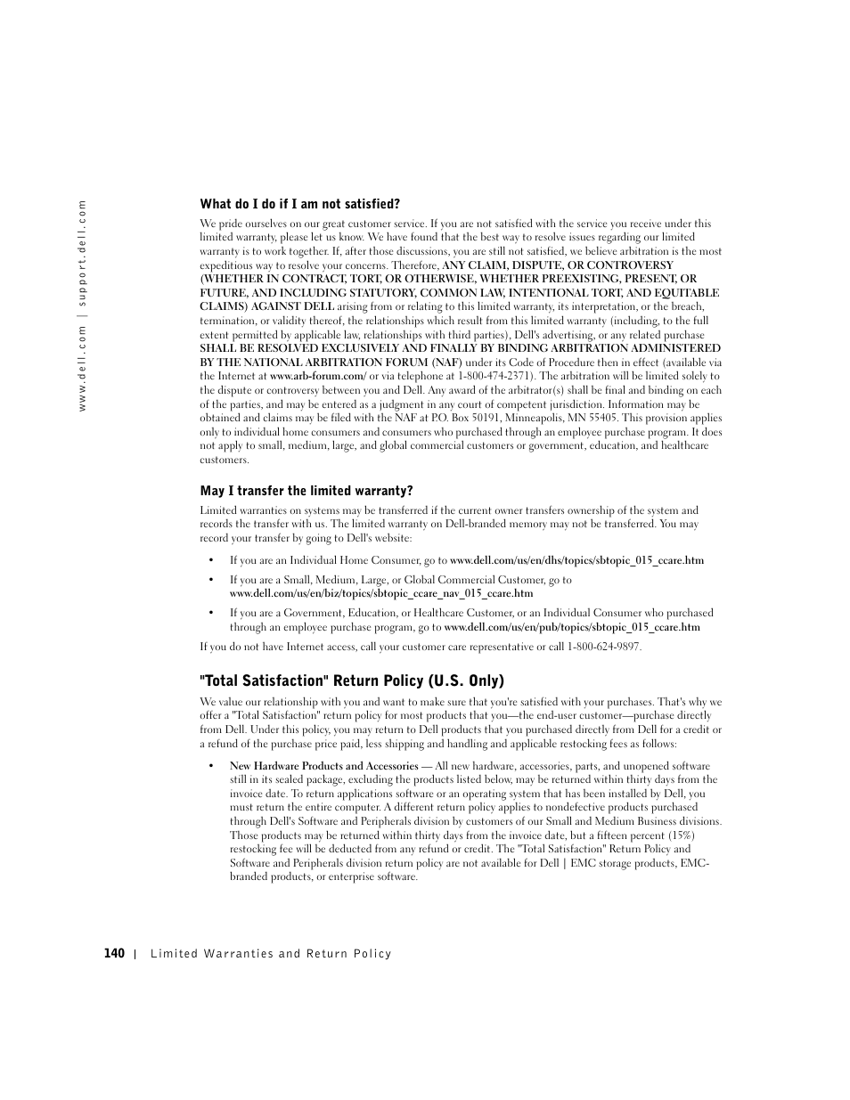 Total satisfaction" return policy (u.s. only) | Dell Dimension 4550 User Manual | Page 140 / 152