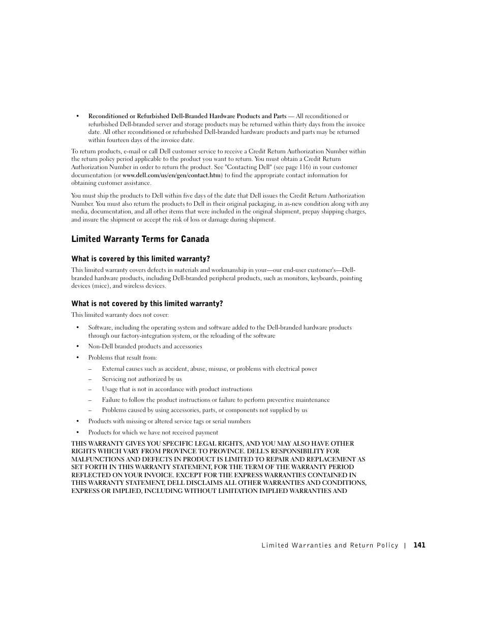Limited warranty terms for canada | Dell Dimension 4550 User Manual | Page 141 / 152
