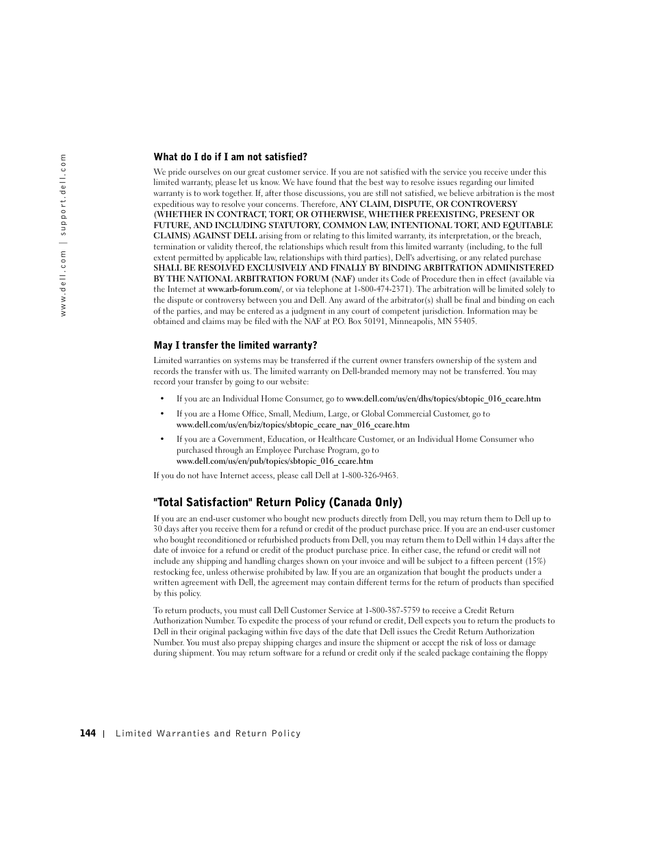 Total satisfaction" return policy (canada only) | Dell Dimension 4550 User Manual | Page 144 / 152