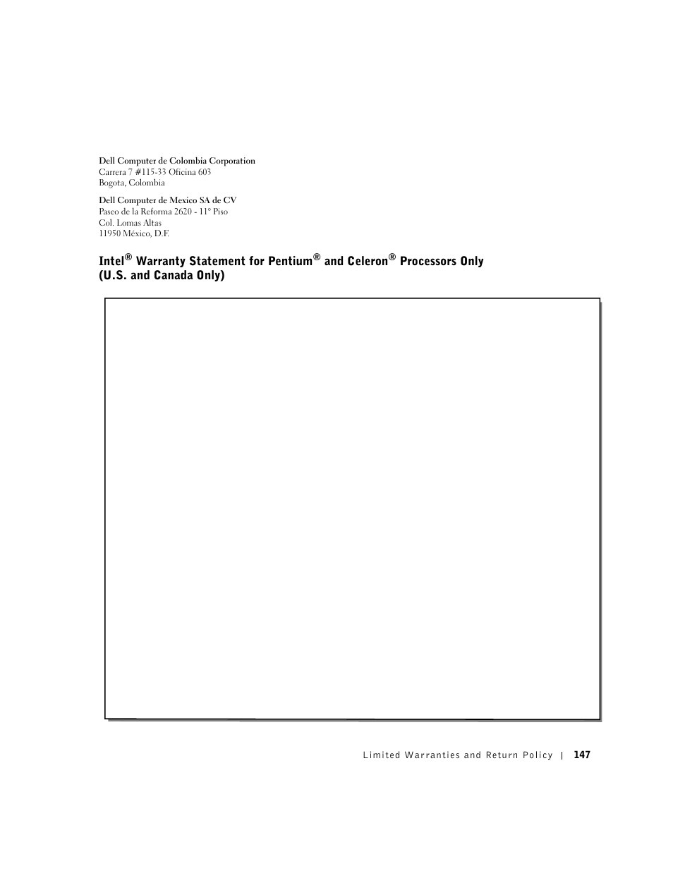 Intel, Warranty statement for pentium, And celeron | Processors only (u.s. and canada only) | Dell Dimension 4550 User Manual | Page 147 / 152